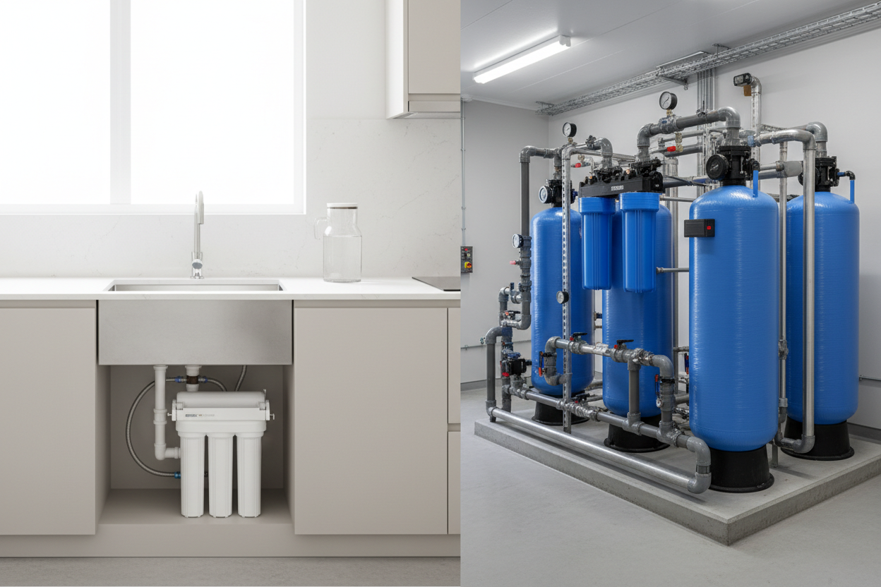 Clean split composition image showing residential and commercial water filtration systems.
Left side: modern home interior with under-sink water filtration system, bright natural light, clean kitchen environment.
Right side: commercial or industrial setting with larger water treatment system, pipes and tanks, professional clean environment.
Minimalistic, realistic style, neutral light colors, high quality, professional, no people, sharp focus.