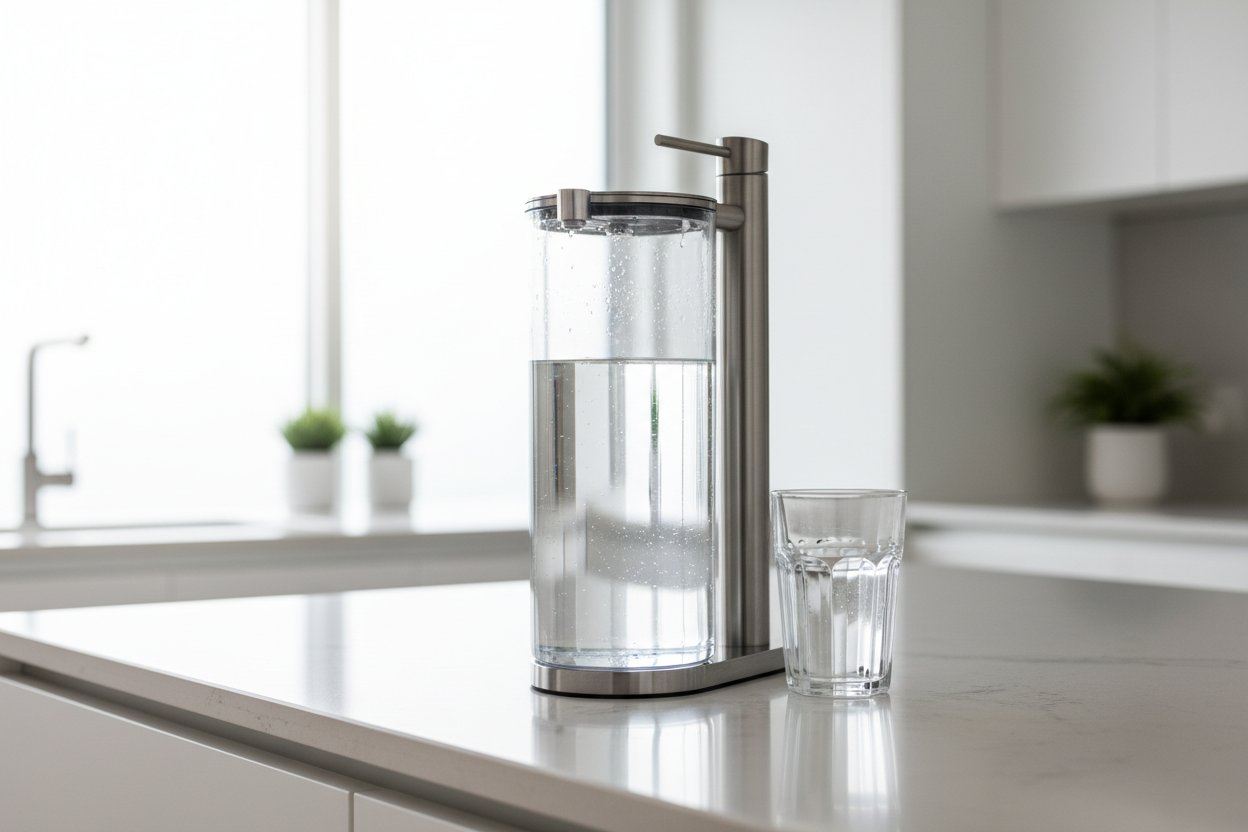 Close-up, photorealistic image of a modern kitchen water filtration system on a light-colored countertop. The filter with a transparent water reservoir filled halfway with clear water is the main focus. Next to it, a clear glass filled with crystal-clear water. Shot at a 45-degree angle. Light modern kitchen background, softly blurred. Bright natural lighting, clean and premium look.

