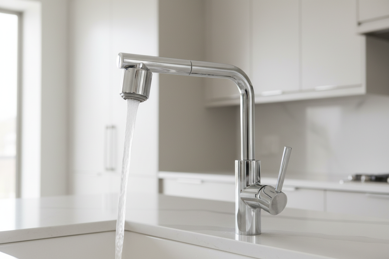 Create a high-quality, photorealistic image of a modern kitchen faucet, specifically a “Kraus Bolden 18 Inch Single Handle Pull-Down Dual Function Kitchen Faucet.” The faucet should be the main focal point of the image, shown at approximately a 45-degree angle from the front. Crystal-clear, pure water should be flowing smoothly from the faucet. The background should feature a light-colored modern kitchen cabinet and countertop, softly blurred to keep focus on the faucet. Use natural, bright lighting to emph