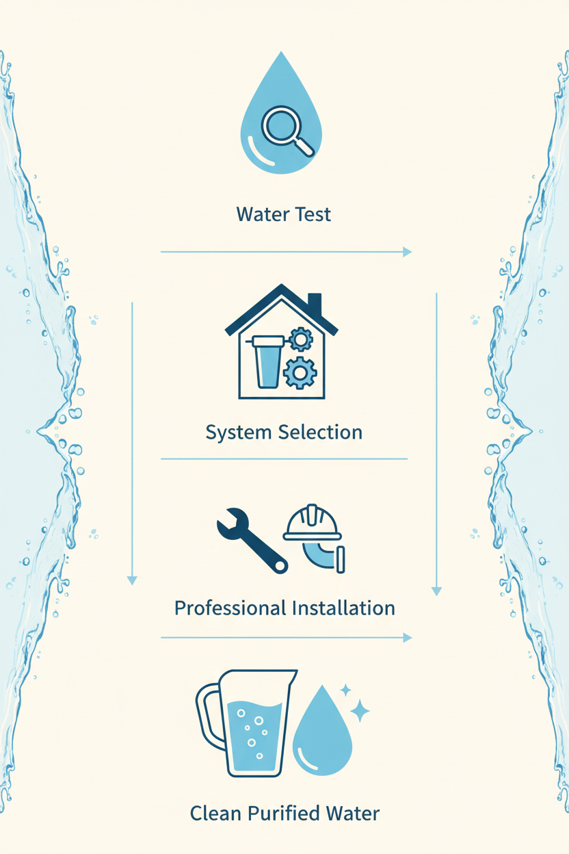Vertical infographic-style image showing a clean “How It Works” process for water filtration. Four steps displayed top to bottom: water test, system selection, professional installation, clean purified water. Minimal icons, light background, blue water accents, modern and professional style. No text labels, clean layout.